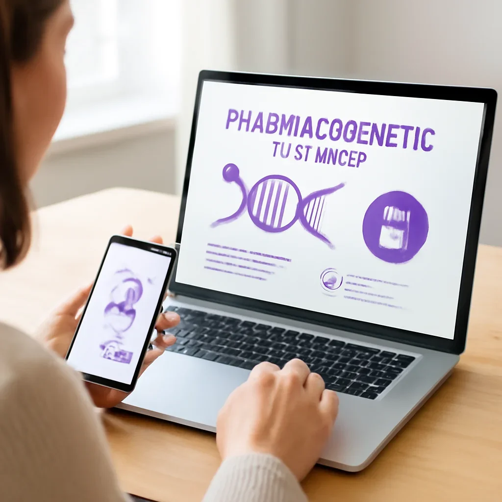 Person reviewing about pharmacogenetictesting.u.s. information on a laptop and phone