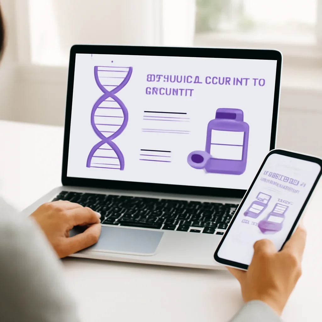 Person reviewing at-home pharmacogenetic testing information on a laptop and phone