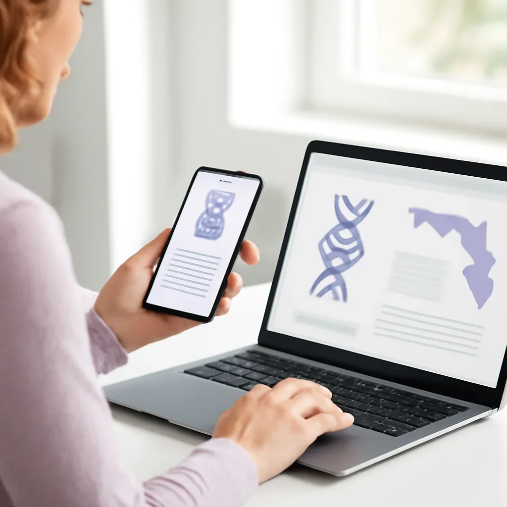 Person reviewing pharmacogenetic testing in florida information on a laptop and phone