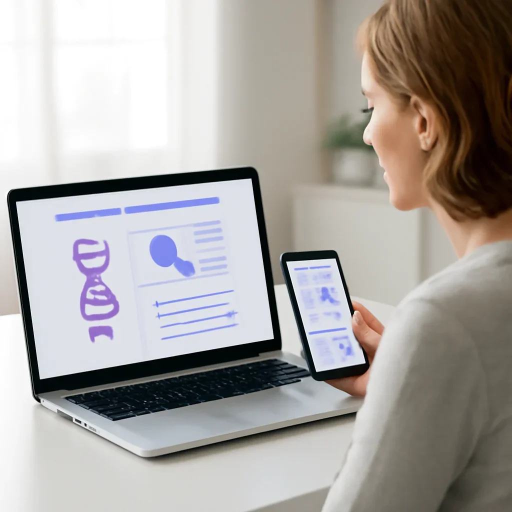 Person reviewing pharmacogenetic testing in madison information on a laptop and phone