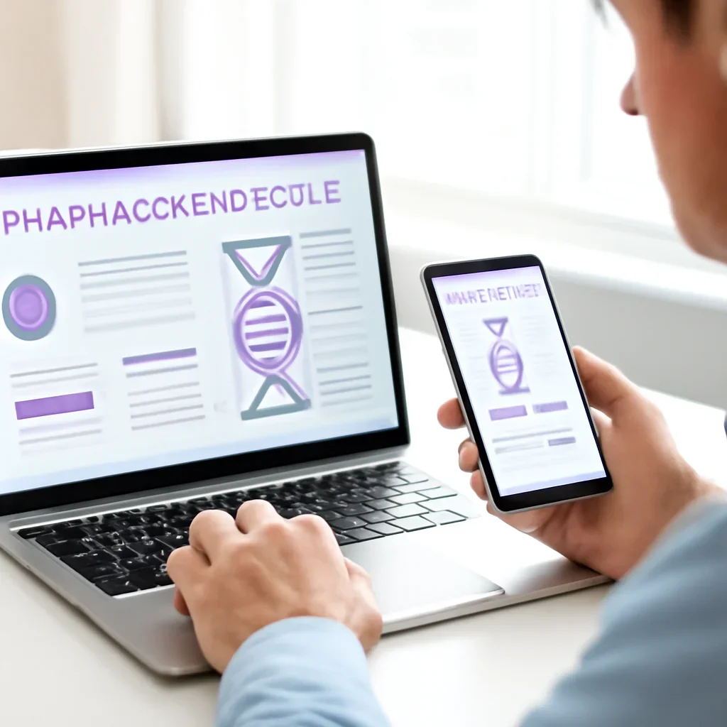 Person reviewing pharmacogenetic testing in plano information on a laptop and phone