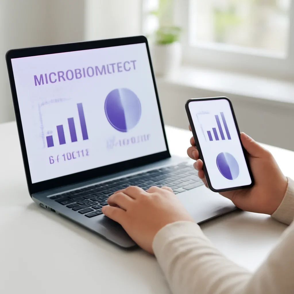 Person reviewing microbiome test accuracy and reliability information on a laptop and phone