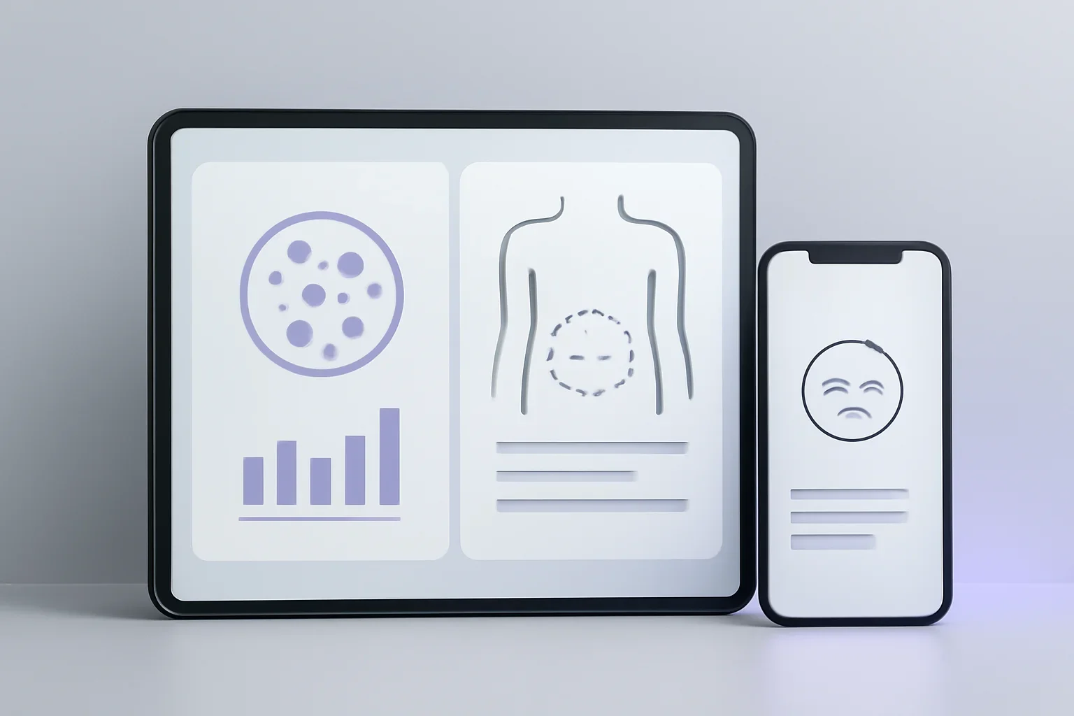 Microbiome testing and bloating questions presented on a clean digital health dashboard