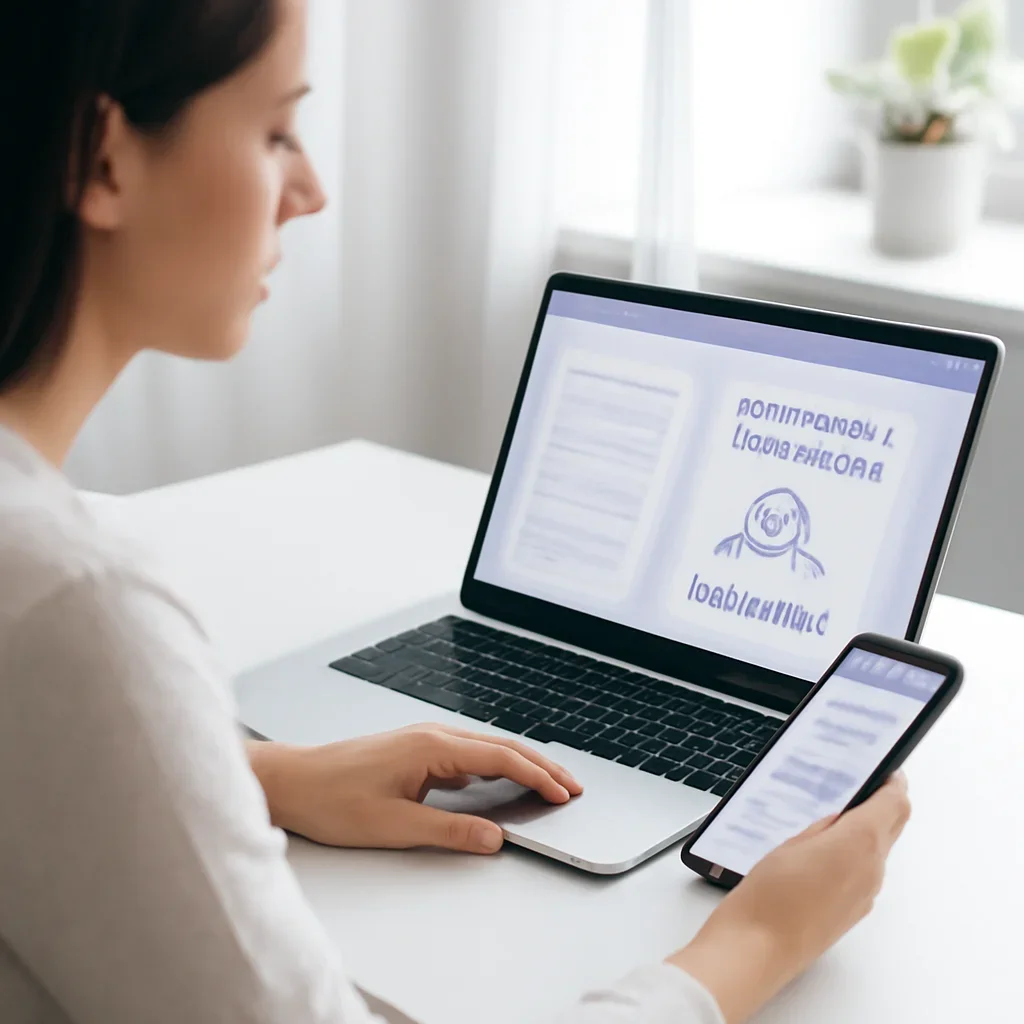 Person reviewing microbiome testing and bloating questions information on a laptop and phone