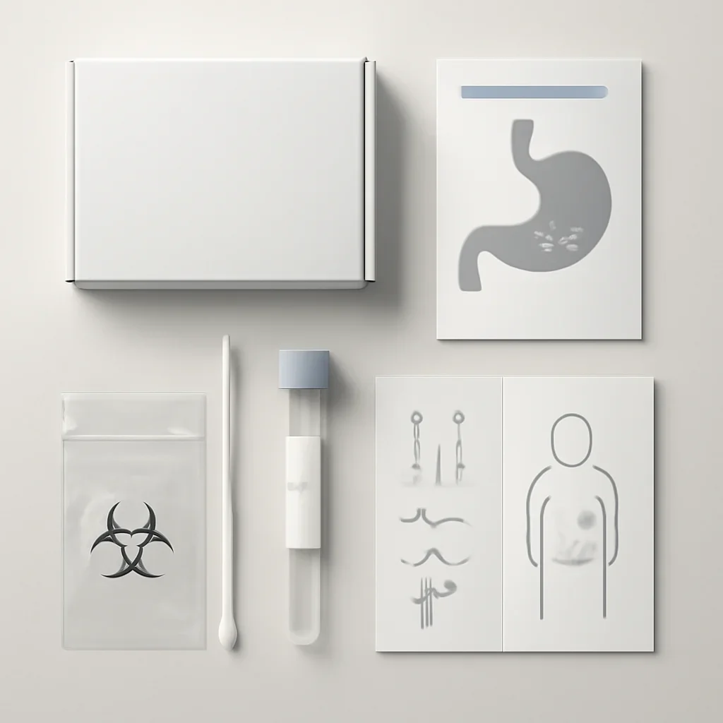 Sample kit, packaging, and step-by-step workflow for microbiome testing and bloating questions