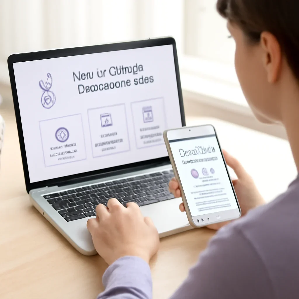 Person reviewing how to choose a microbiome test information on a laptop and phone