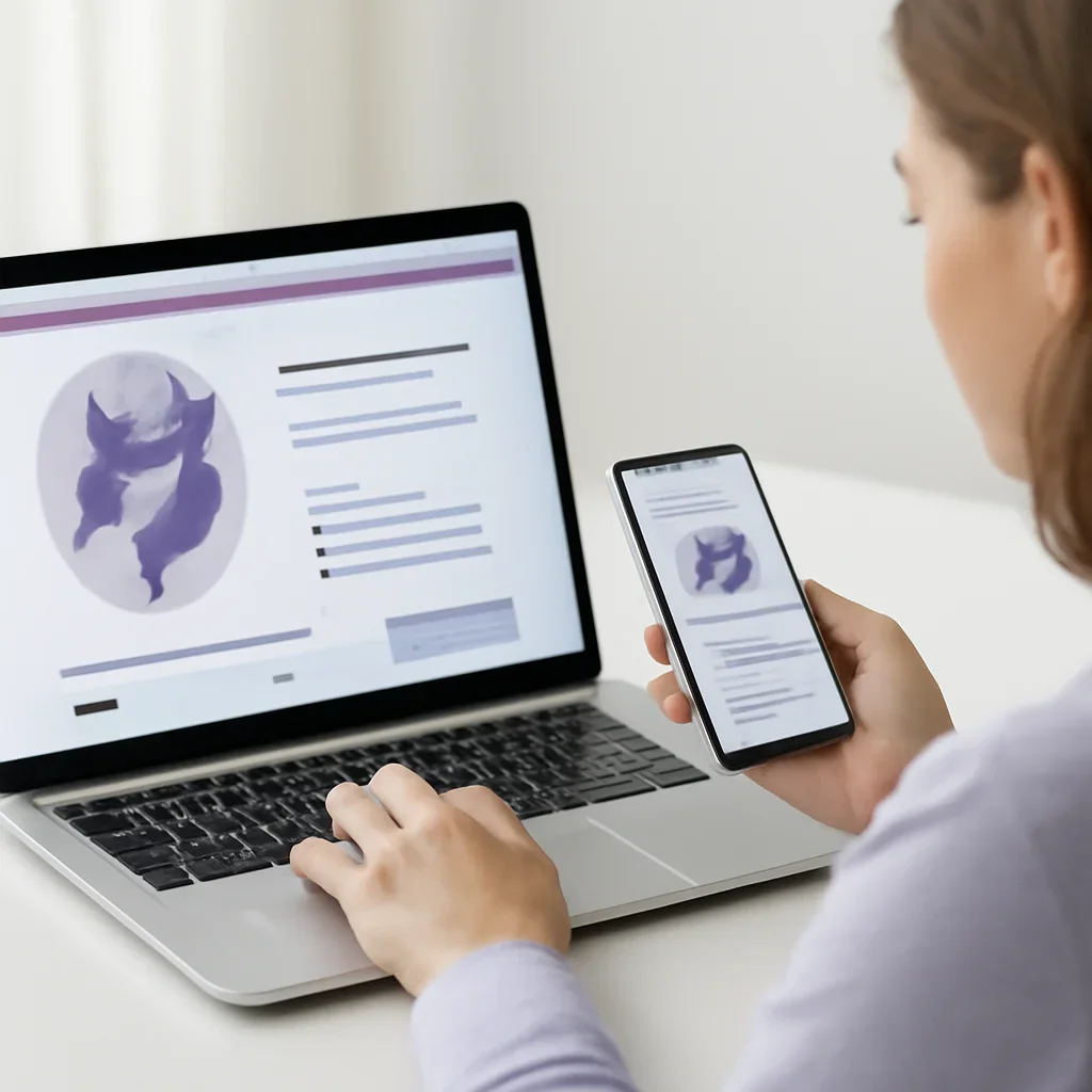 Person reviewing microbiome testing and ibs questions information on a laptop and phone