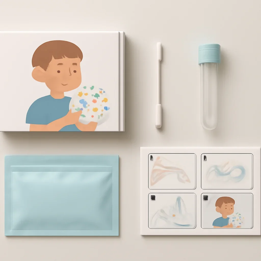 Sample kit, packaging, and step-by-step workflow for microbiome testing for children
