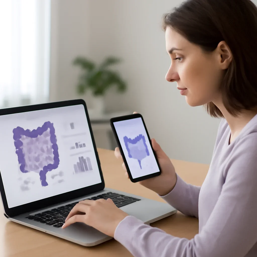 Person reviewing at-home gut microbiome testing information on a laptop and phone