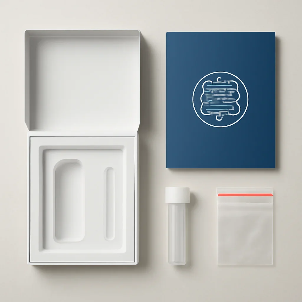 Sample kit, packaging, and step-by-step workflow for at-home gut microbiome testing