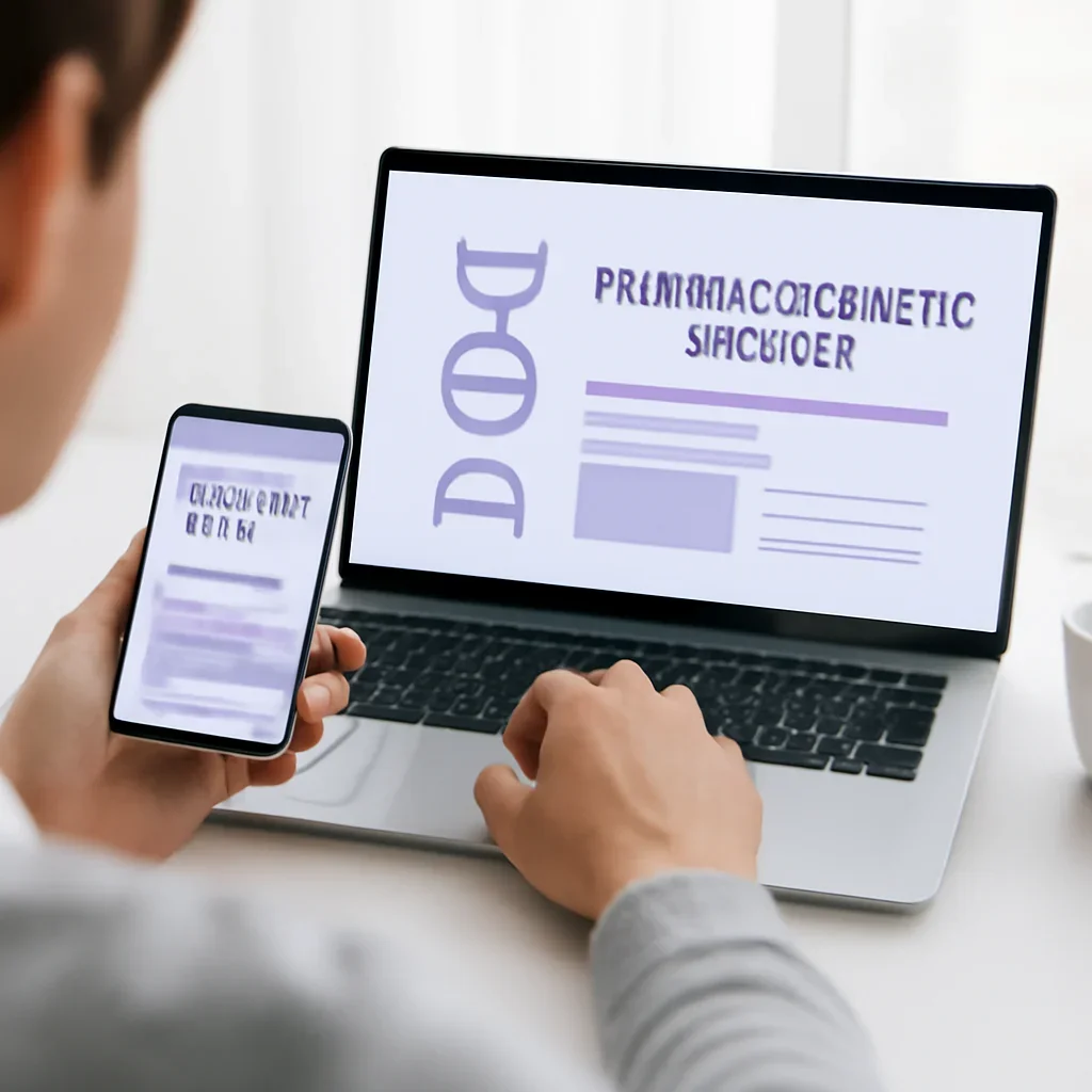 Person reviewing dpyd pharmacogenetic testing information on a laptop and phone