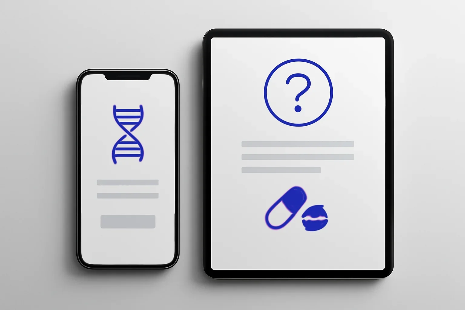 Pharmacogenetic testing and oncology medication questions presented on a clean digital health dashboard