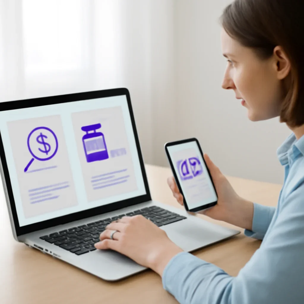 Person reviewing slco1b1 testing and statin medication questions information on a laptop and phone
