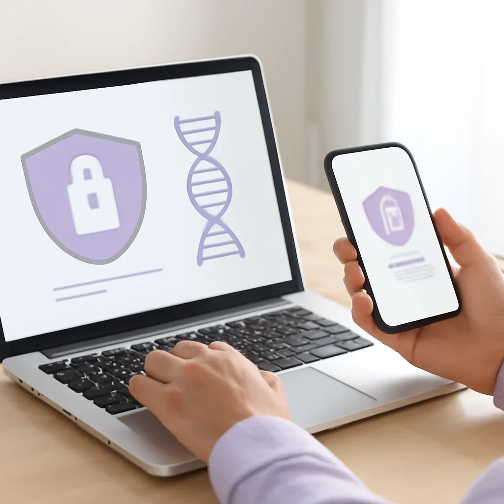 Person reviewing privacy and genetic data protection information on a laptop and phone