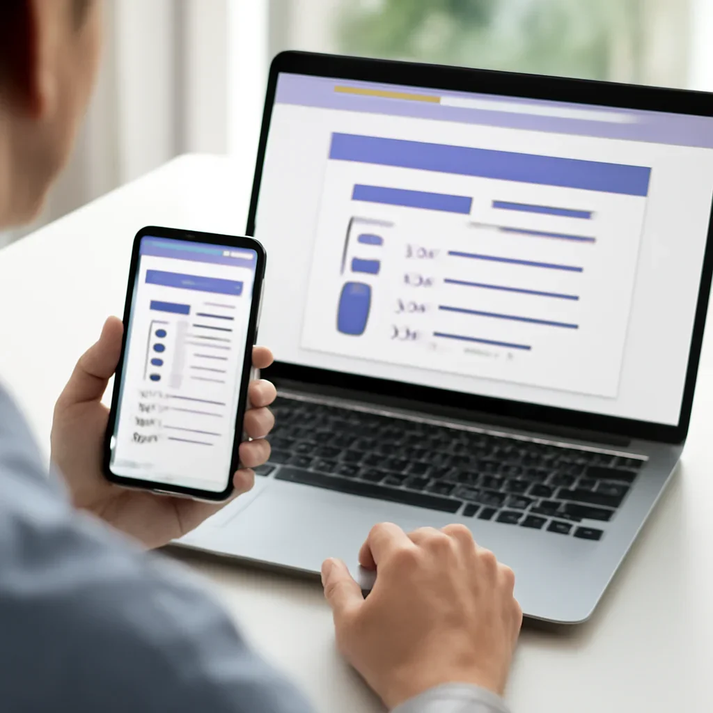 Person reviewing microbiome sample collection checklist information on a laptop and phone