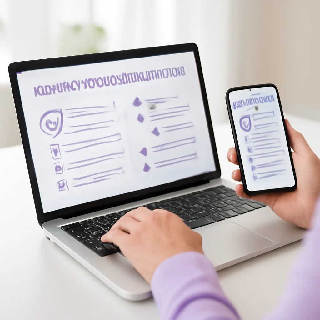 Person reviewing pharmacogenetic testing checklist information on a laptop and phone