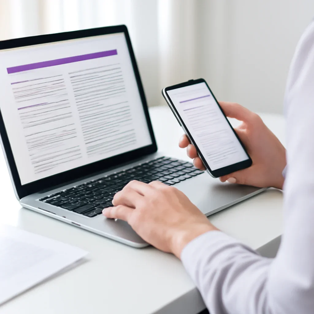 Person reviewing research and references information on a laptop and phone