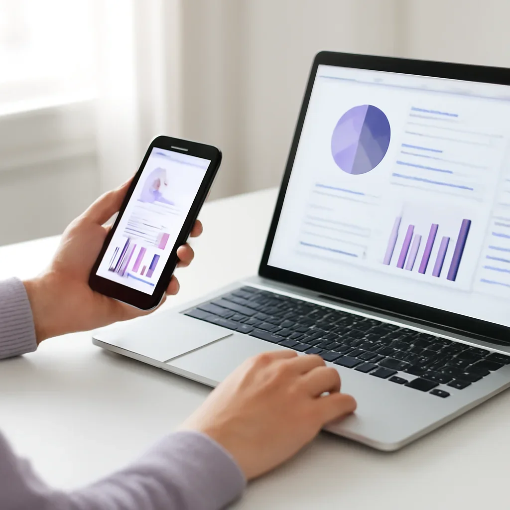 Person reviewing sample test reports information on a laptop and phone